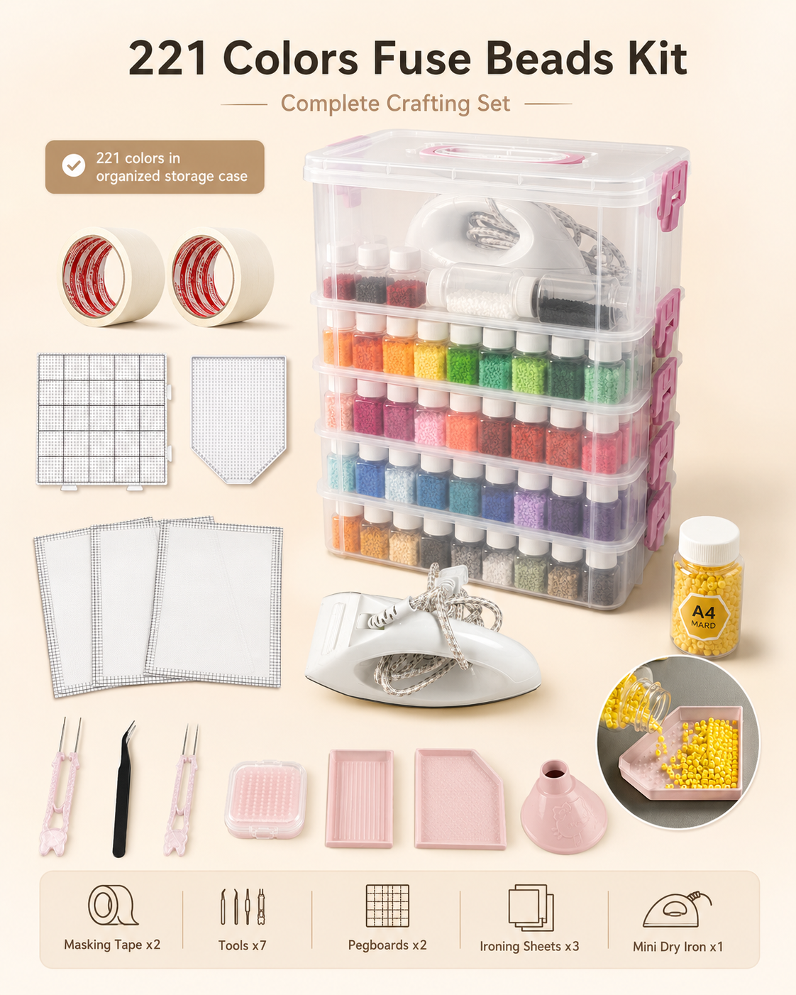 Meltbeads 221 colors mini fuse beads kit with labeled bottles and tools