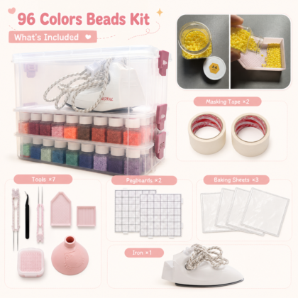 96 colors fuse beads kit with storage case, mini iron, pegboards and tools