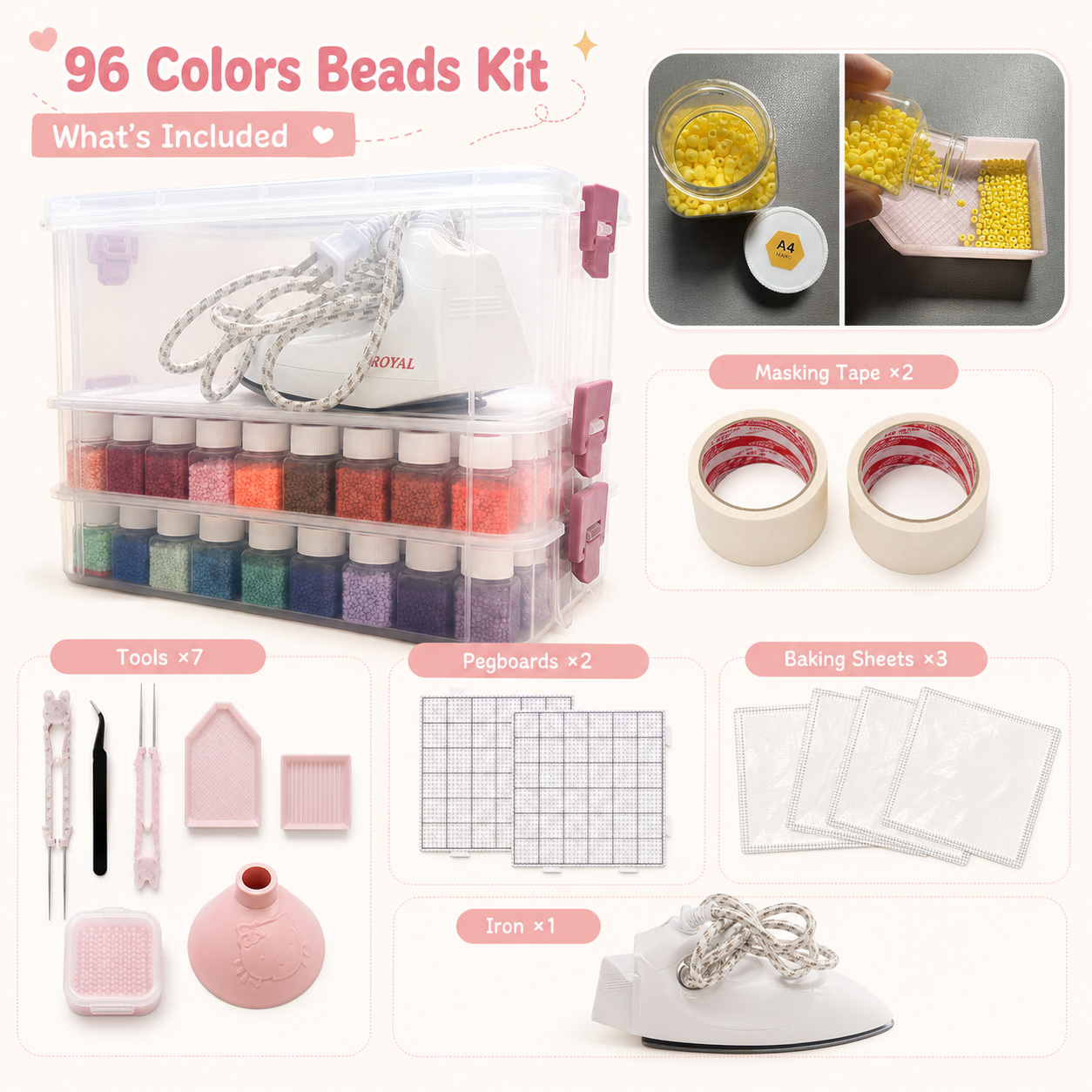 96 colors fuse beads kit with storage case, mini iron, pegboards and tools