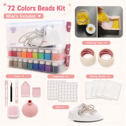 72 colors fuse beads kit with storage case, mini iron, pegboards and tools
