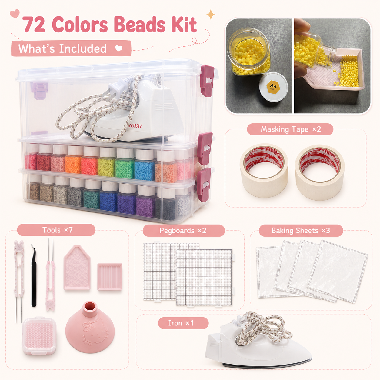 72 colors fuse beads kit with storage case, mini iron, pegboards and tools