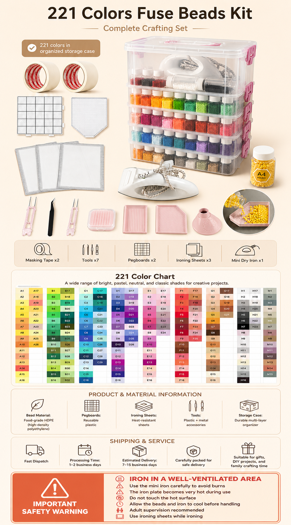 complete 221 colors fuse beads kit including masking tape tools pegboards ironing sheets and mini iron