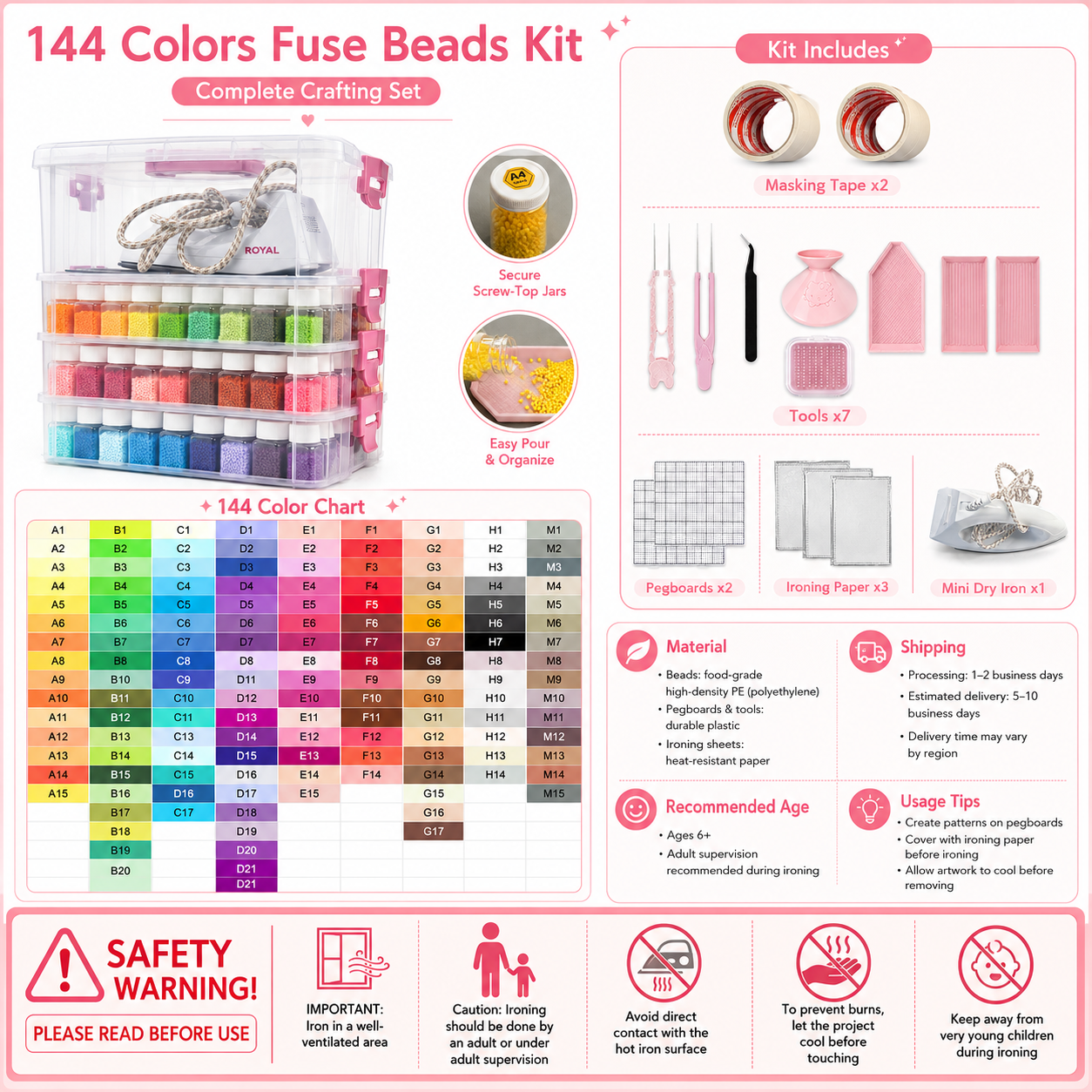complete 144 colors beads kit including masking tape tools pegboards ironing sheets and mini iron