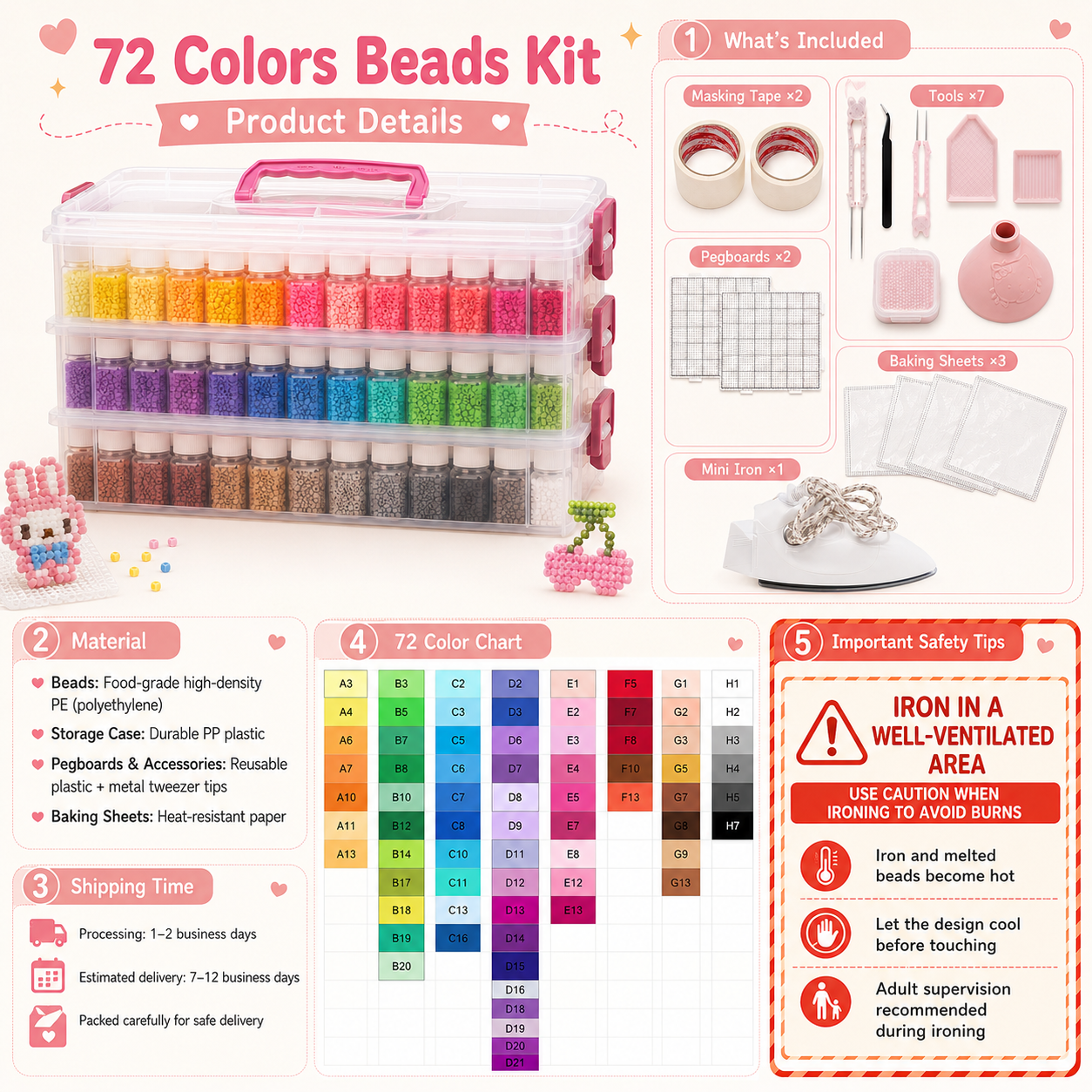 complete 72 colors beads kit including masking tape tools pegboards baking sheets and mini iron