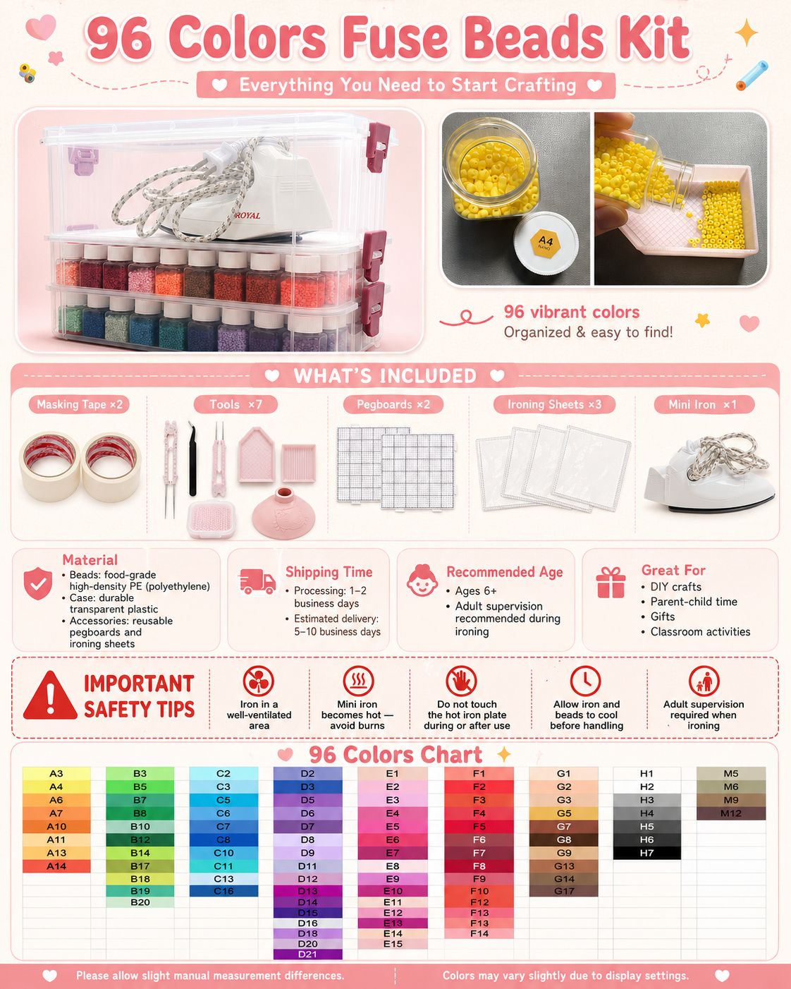 complete 96 colors beads kit including masking tape tools pegboards ironing sheets and mini iron