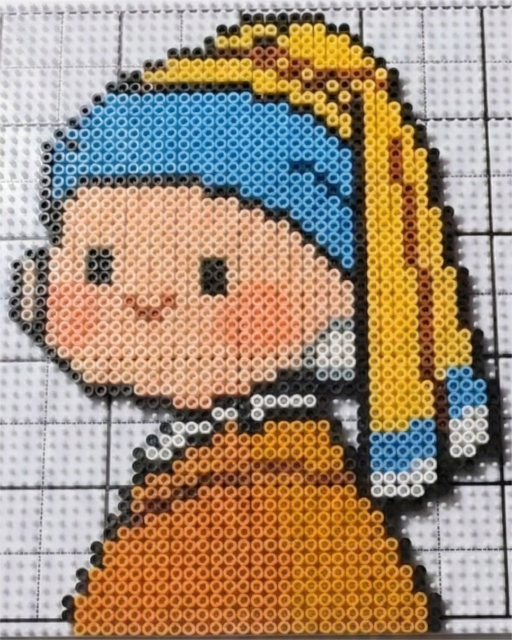 Girl with a Pearl Earring pixel art pattern and finished fuse beads project by Meltbeads