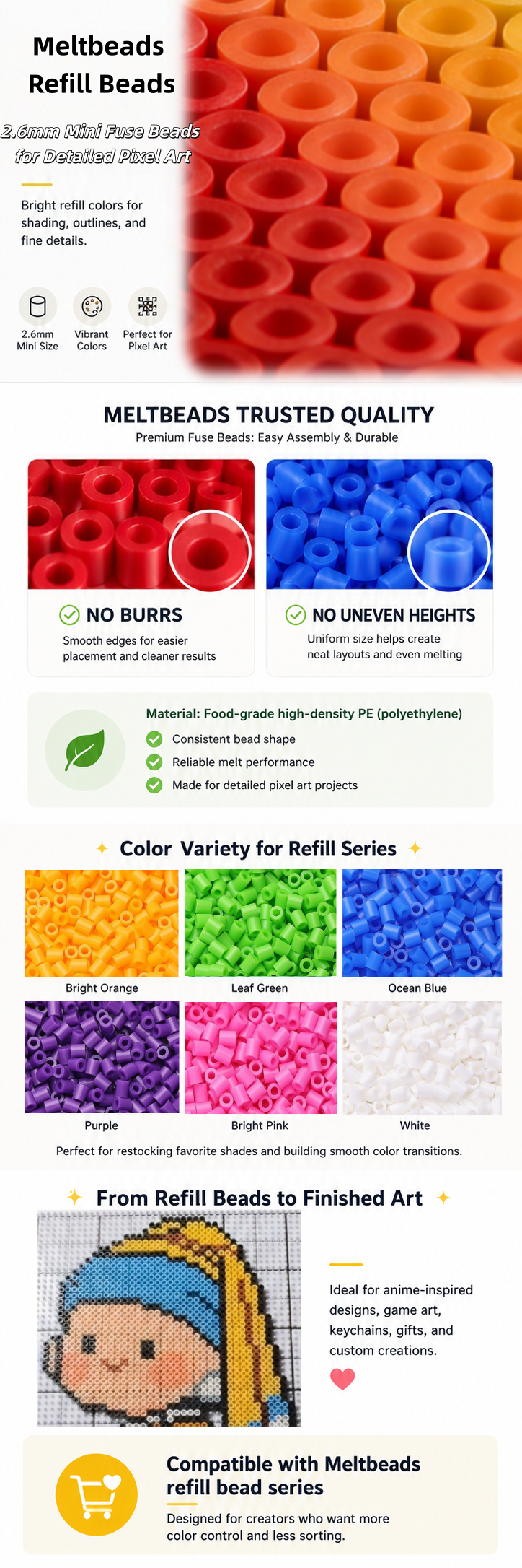 Meltbeads 2.6mm mini fuse beads refill beads product detail guide showing quality, color variety, food-grade PE material, and finished pixel art example