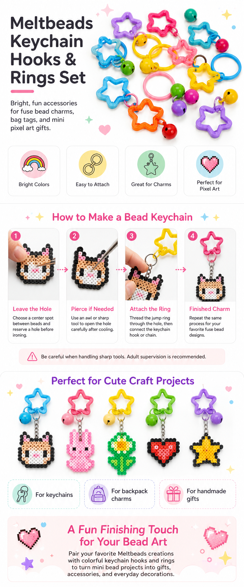 Keychain hooks and rings set product guide for fuse bead keychains